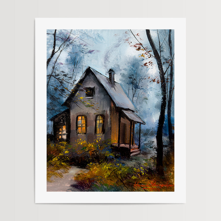Soft evening fog settling around the little cabin (Print)